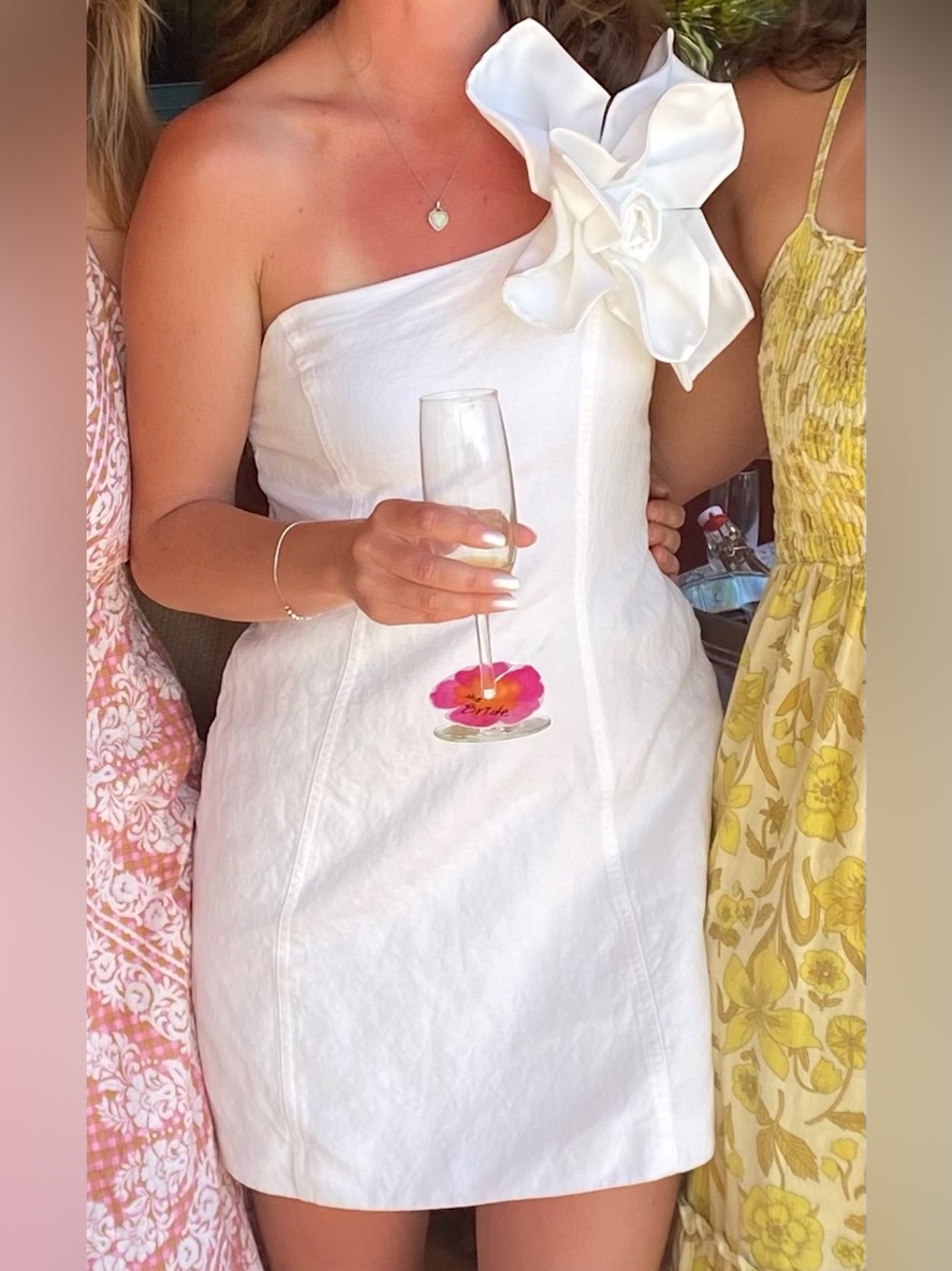 o.p.t. White Linen Blend One Shoulder Big Flower Bridal Mini Dress Size 6